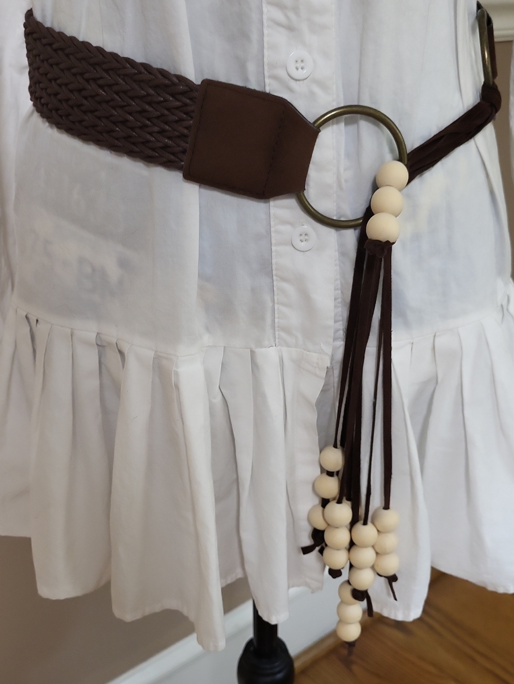 Source Unknown Brown Braided Belt with Ivory Bead Tassels